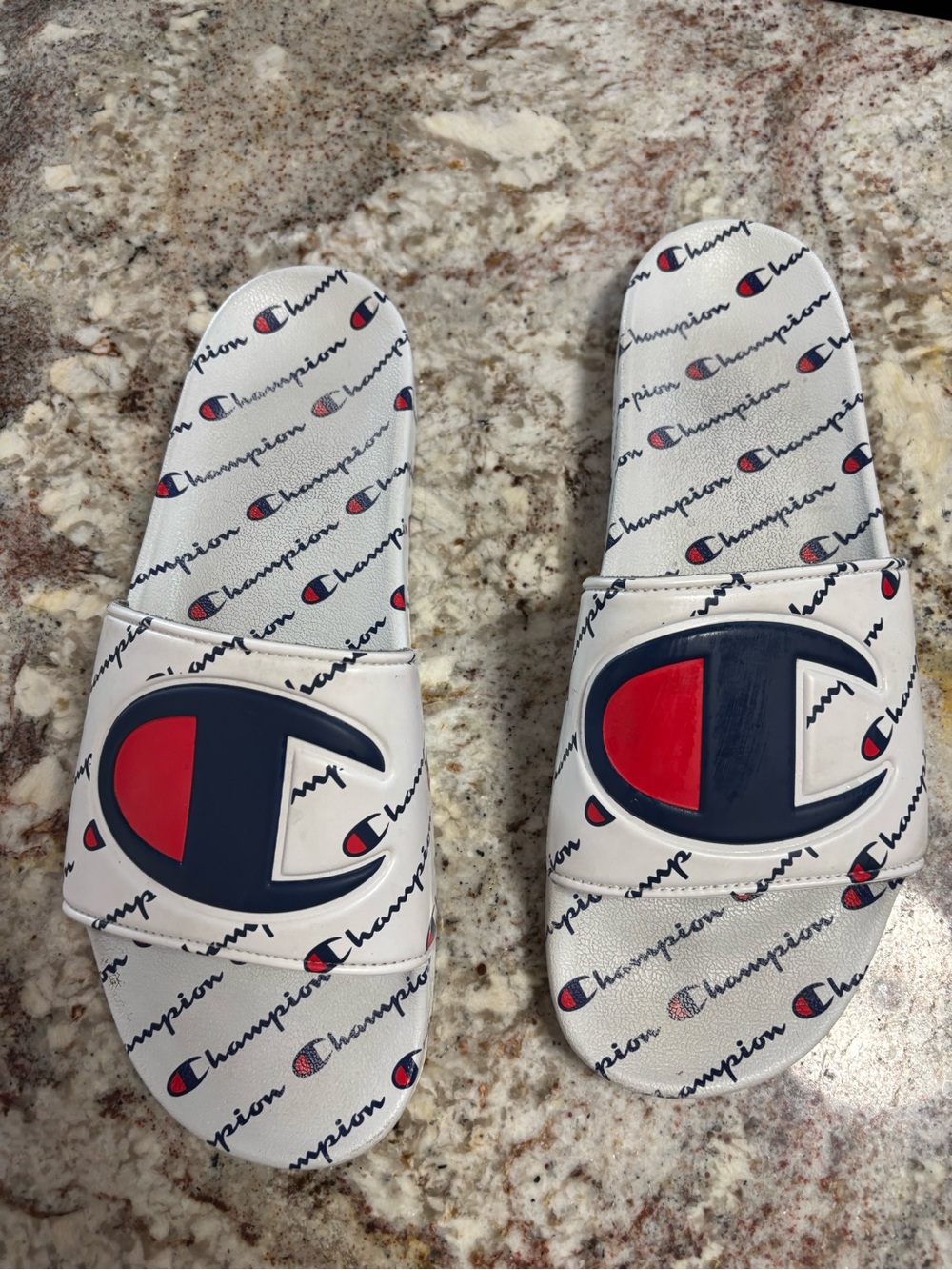 Champion Men’s White Slides with Red & Navy Logo Pattern